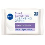NIVEA 3-in-1 Sensitive Cleansing Wipes (25 Sheets), Plant-Based Makeup Remover, Face Wipes for Sensitive skin