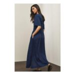Navy Blue Short Sleeve Shirred Body T-Shirt Midi Dress