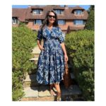 Navy Flower Print Waisted Midi Dress