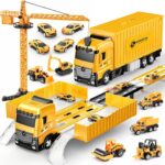 Naxudcoo Construction Toys for 3 4 5 6 Year Old Boys Girls, Transporter Truck Toy with Crane Digger, 6 Construction Vehicles & 4 Toy Cars, Carrier Truck Toddler Toys, Birthday Gifts for Kids Age 3-7