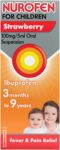 Nurofen For Children 3M-9Y, Kids Ibuprofen Strawberry 100 ml, Baby Teething Pain Relief, Cold Flu, Fast Acting, Up To 8 Hours, Fever Reducer, Child Medicine