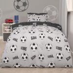OHS Boys Single Duvet Cover Set Football Bedding, Football Gifts for Boys Super Soft Warm Comfy Polycotton Kids Bedding Stylish Check Reversible Quilt Cover Set with Pillowcase, Grey/Black