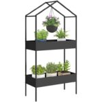 Outsunny 2 Tier Plant Stand Metal Plant Shelves with Hook Black