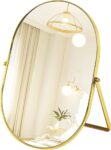 Oval Table Top Mirror Big Mirror Countertop Vanity Mirrors with Adjustable Metal Frame Stand for Office Desk,Vanity Table, Travel, Camping (Gold)
