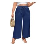 PASUDA Plus-Size Linen Wide-Leg Pants, Elastic Waist, Pockets, Navy