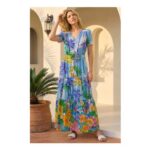 Palm Print Tiered Button Dress