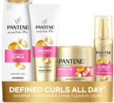 Pantene Pro-V Defined Curls Bundle: Shampoo 500ml, Conditioner 350ml, Keratin Protect Hair Mask 300ml and Curl Shaper Leave-In Cream 145ml for Frizzy, Unruly Curls