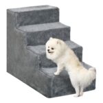 PawHut 4-Step Dog Stairs for Sofa, Plush-Cover Light Grey