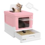PawHut Cat Litter Tray with Lid and Scoop, Pink