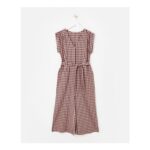 Pink & Brown V-Neck Gathered Shoulder Cotton Cropped Jumpsuit