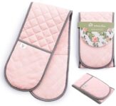 Pink Double Oven Gloves Thick Potholders Heat Resistant Quilted Cotton & Silicone Non-Slip Design Pot Holders for Baking Cooking BBQ Machine Washable Thick Gloves Oven Mitts Kitchen Accessories