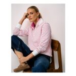 Pique Half Zip Sweatshirt in White and Pink Stripes