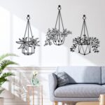 QUMENEY 3 Pcs Black Flower Wall Art Decoration Hanging Basket Plant Potted Sign Wall Arts Decor for Home Living Room Bedroom Bathroom Kitchen Hallway Outdoor Indoor