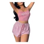 ROSVAJFY Womens Strap Pyjamas Set: Crop Camisole & Drawstring Shorts