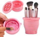 Ranphykx Makeup Brushes Cleaner Mat with Brush Storage Holder, Folding Portable Washing Tool for Makeup Cleaning, 2 In 1 Silicone Brush Cleaner Pad & Cosmetic Organizer Rack (Pink)