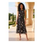 Roman Chiffon Floral Pleat Neck Dress