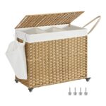 SONGMICS 160 L Laundry Basket with Lid, 3-Compartment Rattan