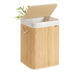 SONGMICS 95L Bamboo Laundry Basket with Lid, Foldable, Removable Liner
