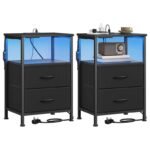 SONGMICS BELLAH Collection – 2 Bedside Tables with Charging Station, App-Controlled Adjustable LED Lights,1 Shelf, 2 Drawers, Ink Black