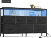 SONGMICS Chest of Drawers with LED Lights and Charging Station, Fabric Storage Cabinet, 7 Drawers, Open Shelf, 113.8 x 30 x 68.1 cm, Ink Black, Bedroom Furniture, Bellah Collection LGS733BH03