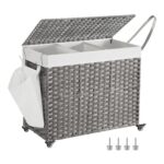 SONGMICS Laundry Basket with Lid, 160 L, 3-Compartment Synthetic Rattan