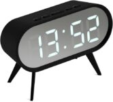 SPACE HOTEL Cyborg Digital Alarm Clock with LED Display, 12/24Hr, Room Temperature, Snooze, Night Mode, Brightness Dimmer, Mirror Surface, USB Powered & Battery Backup (Black/Silver)