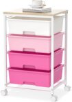 SYKIARIOL 4-Drawer Storage Trolley Rolling Cart with Wooden Top, Rose Pink