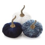 Set of 3 Velvet Pumpkins, 16 Cm, Indigo Navy Ivory