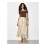 Shimmer Mesh Floral Embroidered Midi Skirt
