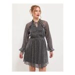 Silver Pliss Sparkle Frill Tie Neck Balloon Sleeve Mini Dress