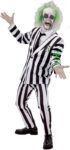 Smiffys Beetlejuice Adult Costume with Shirt Dress Collar Mock Tie and Cuffs Black and White Stripes Purple Zip Up Front Official Warner Brothers Licensed Halloween Costume