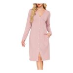 Sopesil Womens Nightdress, Long Sleeve, V-Neck, Button-Down, Flesh Pink