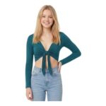 Star Fashion Women Long-Sleeve Tie-up Open-Front Bolero Cardigan Teal 8-10