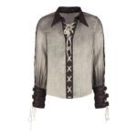 Steampunk Retro Drawstring Shirt Long-Sleeved Shirt Beige-Brown