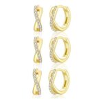 Sterling Silver Womens Earrings, 3 Pairs Gold Huggie Studs