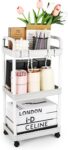 Storage Trolley Cart 3 Tier Plastic Rolling Storage Rack, Mobile Storage Shelving Organizer Utility Cart Snack Cart Trolley for Kitchen, Bathroom, Laundry Room, Bedroom,White with Hooks
