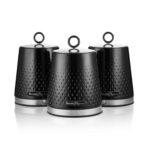 Swan Elegance Set of 3 Kitchen Storage Canisters, Textured Gloss Finish and Stainless Steel Accents, 1.3L, Black