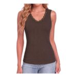 Terecey Womens V-Neck Lace Trim Sleeveless Vest Tops, Slim Fit