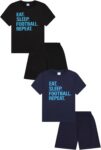 ThePyjamaFactory Eat Sleep Football Repeat Short Black Navy 2 Pack Boys Pyjamas PJs For Kids