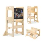 Toddler Standing Tower 2-in-1 Wooden Stool with Chalkboard Montessori Waldorf