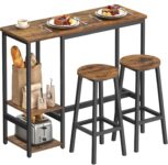 VASAGLE Bar Table Set with 2 Stools, 3-Piece Kitchen Table Set with Storage Shelves, for Living Room, Kitchen, Steel Frame, Easy Assembly, Rustic Brown and Ink Black LBT220KD01