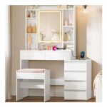 VASAGLE Dressing Table with LED Lights, Mirror, 6 Drawers