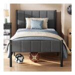 VASAGLE Single Bed Frame 90×190 Upholstered Headboard Slate Grey