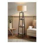 ValueLights Hiru Black 3 Tier Shelf Floor Lamp with Cream Drum Shade