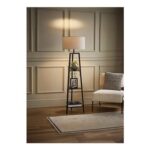 ValueLights Hiru Black 3 Tier Shelf Floor Lamp with Grey Drum Shade