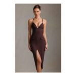 Veronique Plunge-Neck Backless Midaxi Dress in Chocolate Brown