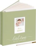 Vienrose Baby Self Adhesive Photo Album with DIY Photo Window Linen Cover Memory Book Morandi Colours, PVC Sleeve & 2 Decorative Cards Scrapbook Holds 6×4 Photos, 20 Sheets/40 Pages, Grass Green