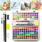 Watercolour Paint Set 128 Colors in Portable Box, Include Metallic and Fluorescent Colors, Travel Set with Watercolour Brushes and Pencils, Ideal for Artist, Beginners and Painting Lovers