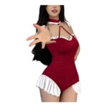 Wine Red Womens Bunny Costume: Lingerie Bodysuit & Headband