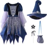 Witch Costume Kids Girls Halloween Costumes with Wizard Hat 4 PCS Set 4-15Y
